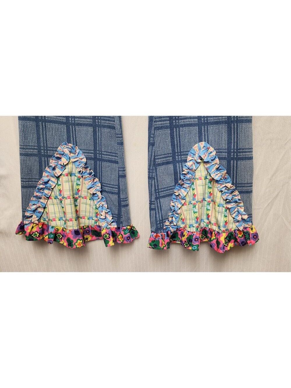 TNTNTUTU Women's Ruffled Splice Plaid Flared Pants Size XL Multicolor Blue - Picture 6 of 8